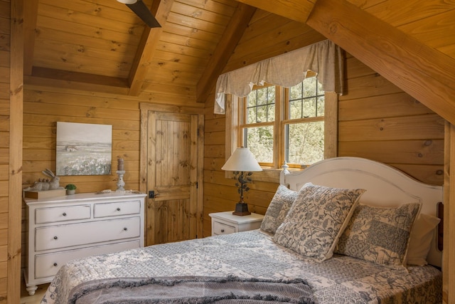 bedroom with vaulted ceiling with beams, wood ceiling, and wood walls