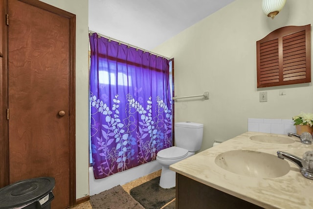 full bathroom with vanity, toilet, and shower / bathtub combination with curtain