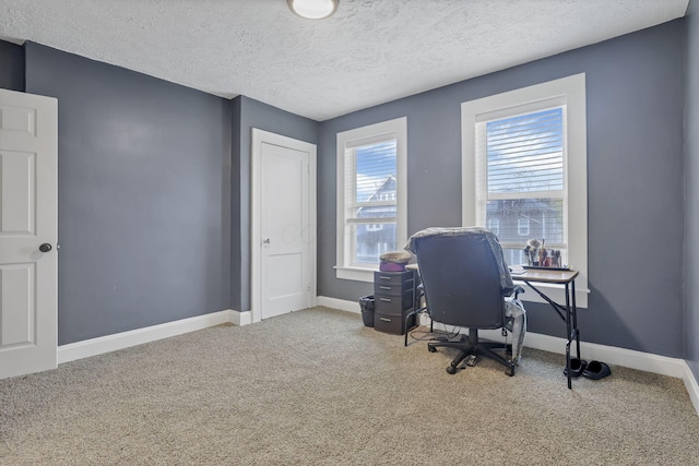 carpeted office with a textured ceiling