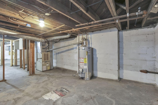 basement with heating unit and water heater