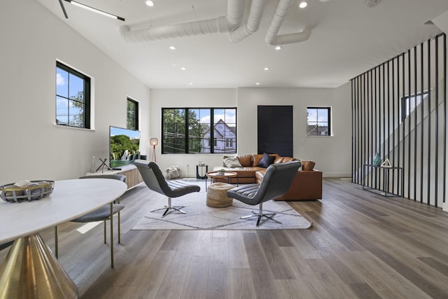 living room with wood-type flooring and plenty of natural light