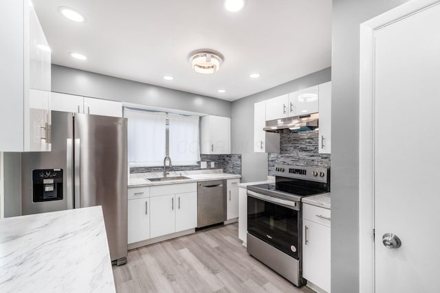 1677 Kenview Rd, Columbus, OH 43209 - kitchen with a sink, appliances with stainless steel finishes, white cabinets, and under cabinet range hood