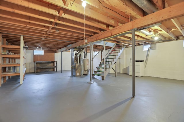 basement with independent washer and dryer, heating unit, and water heater