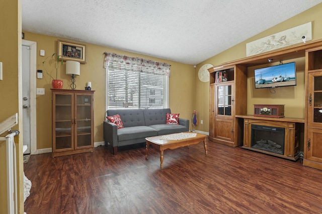 living room featuring a textured ceiling, vaulted ceiling, and dark wood-type flooring