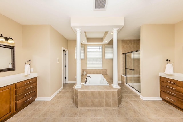 7201 Dean Farm Rd, New Albany, OH 43054 - bathroom with vanity, ornate columns, a garden tub, a shower stall, and tile patterned floors