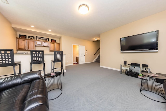 7201 Dean Farm Rd, New Albany, OH 43054 - living room with dark carpet, stairs, baseboards, and recessed lighting