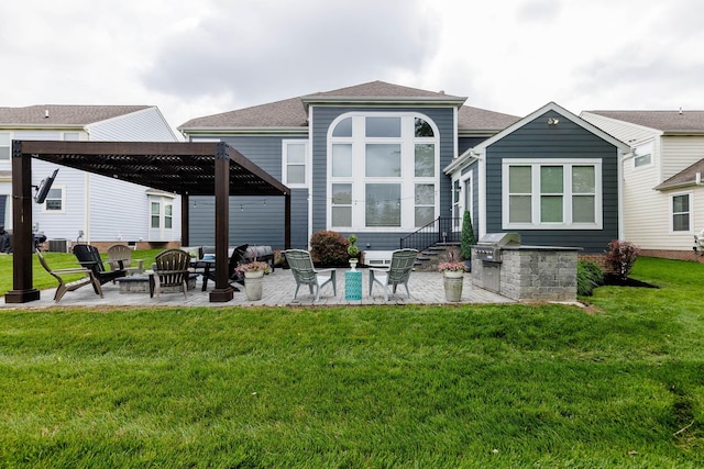 7201 Dean Farm Rd, New Albany, OH 43054 - rear view of house featuring an outdoor living space, a patio area, a yard, and roof with shingles