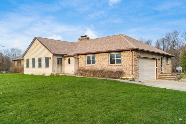 ranch-style home with a front lawn and a garage