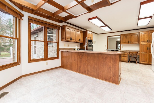 kitchen featuring kitchen peninsula, plenty of natural light, and coffered ceiling