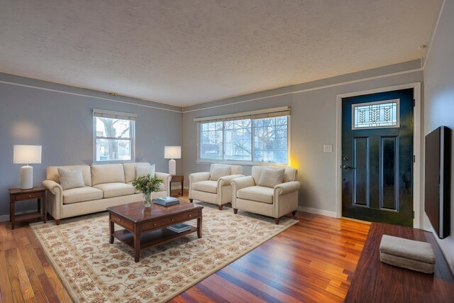 living room featuring crown molding, wood-type flooring, and a textured ceiling