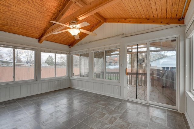 unfurnished sunroom featuring lofted ceiling with beams, ceiling fan, and wooden ceiling