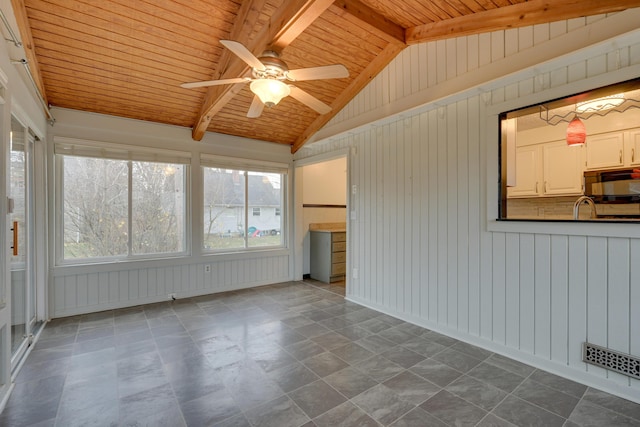 unfurnished living room with wood walls, wooden ceiling, lofted ceiling with beams, sink, and ceiling fan