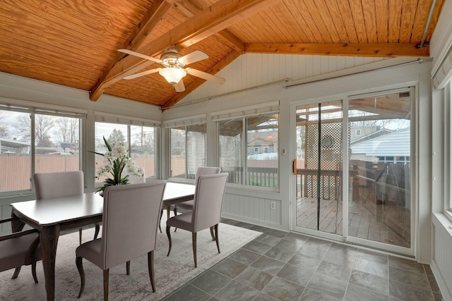 sunroom / solarium with vaulted ceiling with beams, ceiling fan, and wooden ceiling