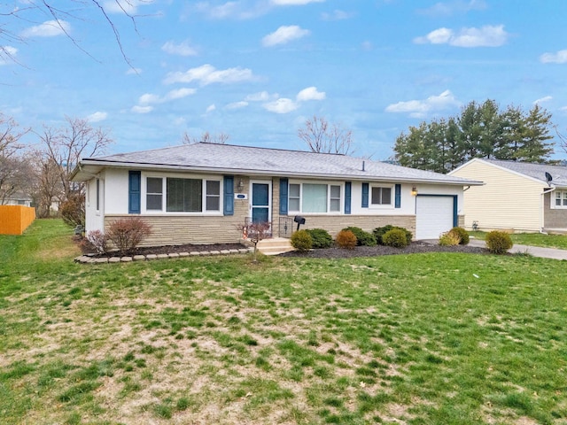 ranch-style home with a garage and a front lawn