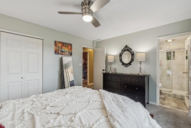 bedroom featuring carpet, ceiling fan, connected bathroom, and a closet