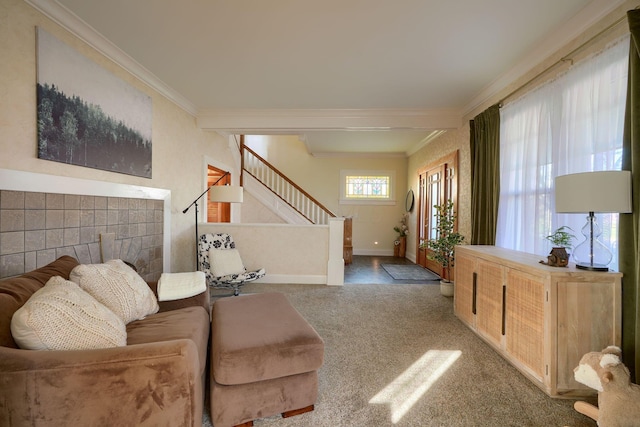 carpeted living room featuring crown molding