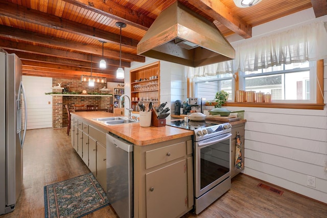 kitchen featuring appliances with stainless steel finishes, ventilation hood, wooden walls, sink, and wooden ceiling