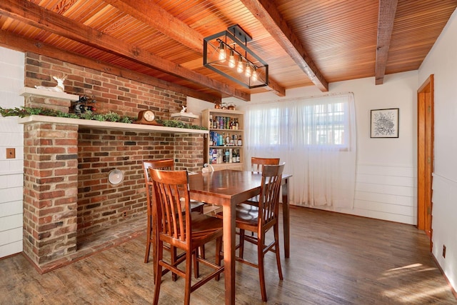 dining room with beamed ceiling, hardwood / wood-style floors, and wood ceiling