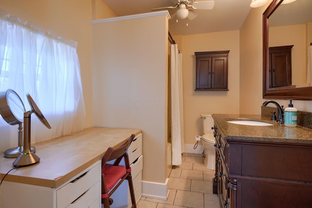 full bathroom featuring vanity, tile patterned floors, ceiling fan, toilet, and shower / bathtub combination with curtain