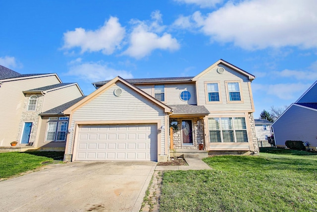 front facade with a front yard and a garage