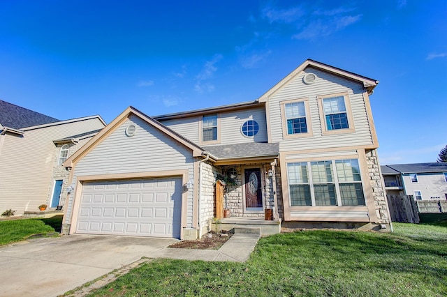 front facade featuring a garage and a front lawn