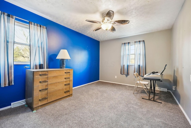 sitting room featuring carpet, a textured ceiling, and ceiling fan