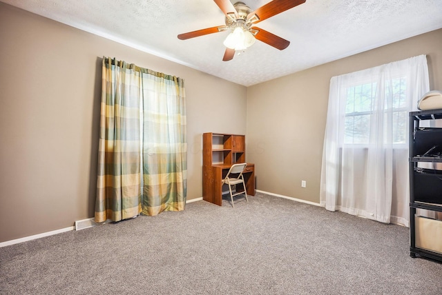 miscellaneous room with ceiling fan, carpet floors, and a textured ceiling