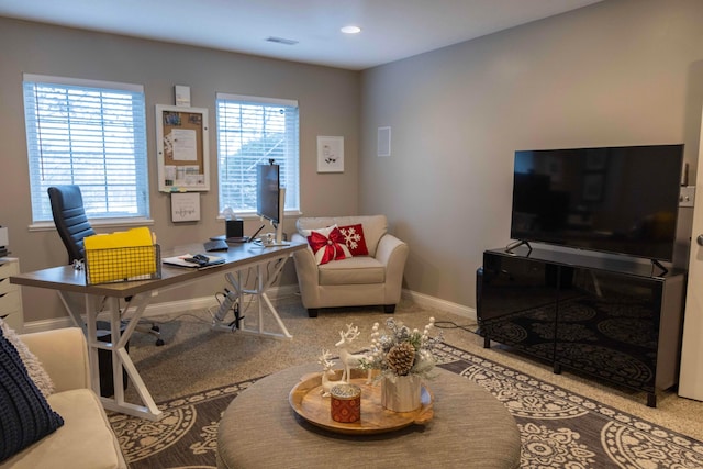 view of carpeted home office