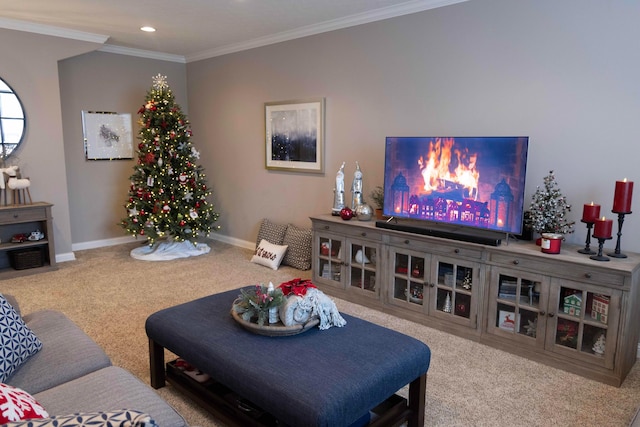 carpeted living room with crown molding