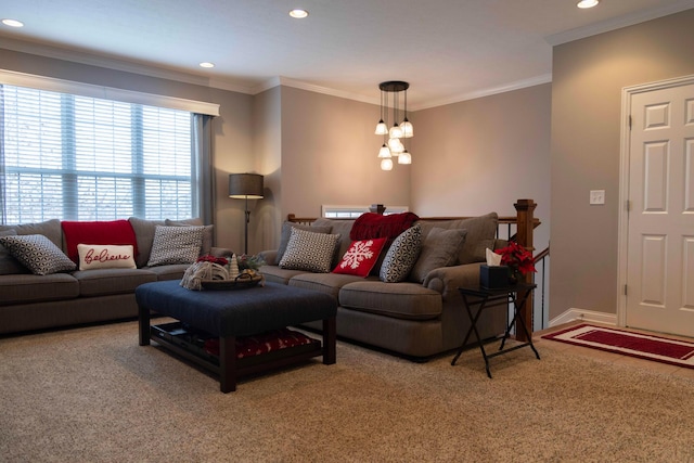 carpeted living room featuring crown molding