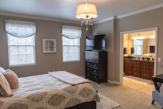 bedroom with light colored carpet, ornamental molding, sink, and connected bathroom