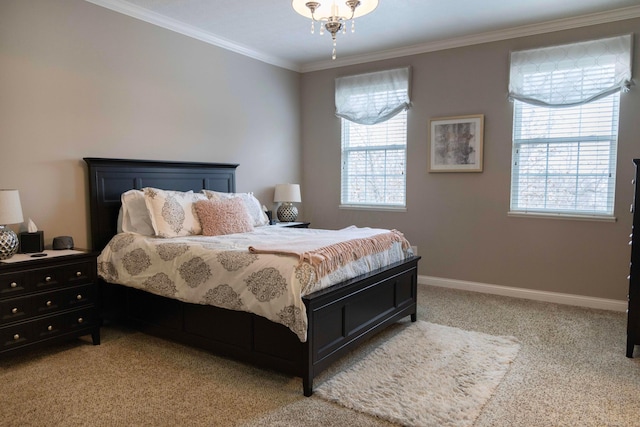 bedroom with light colored carpet, ornamental molding, and multiple windows