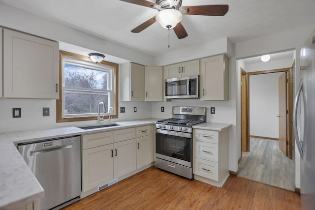 kitchen featuring ceiling fan, sink, light wood-type flooring, and stainless steel appliances