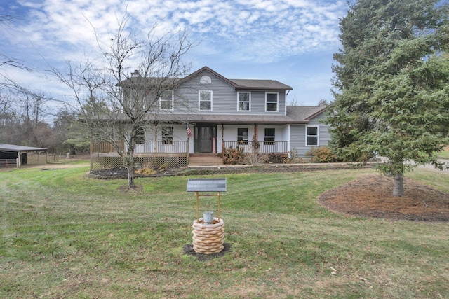 view of front of property featuring covered porch and a front yard