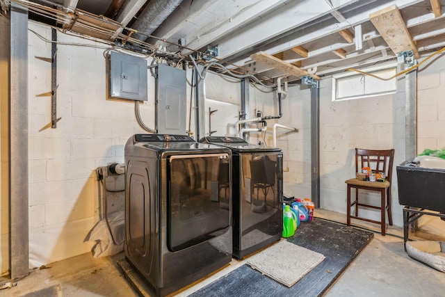 basement featuring washer and dryer and electric panel