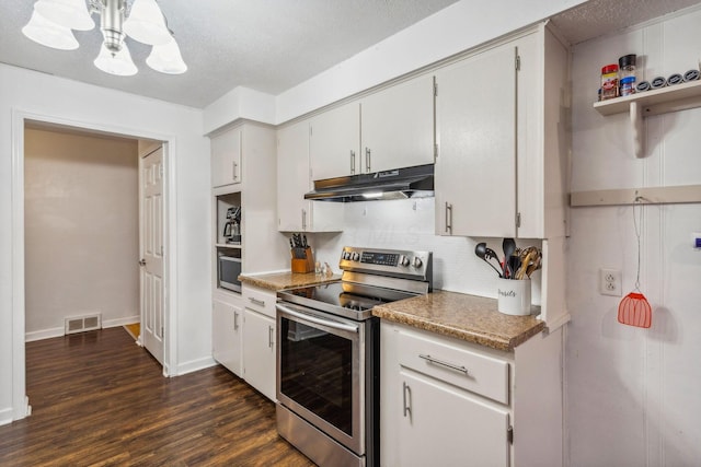 kitchen featuring white cabinetry, stainless steel electric range oven, dark wood-type flooring, tasteful backsplash, and a textured ceiling