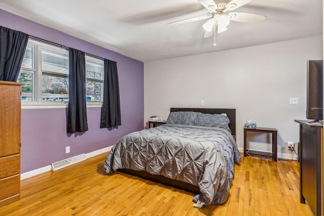 bedroom featuring ceiling fan and light wood-type flooring