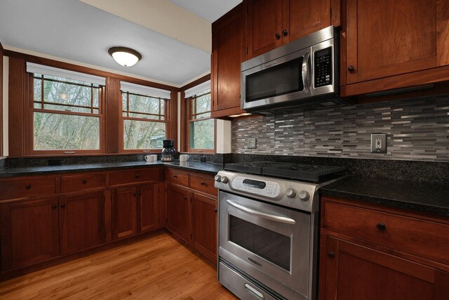 kitchen featuring appliances with stainless steel finishes, light wood-type flooring, a healthy amount of sunlight, and dark stone countertops