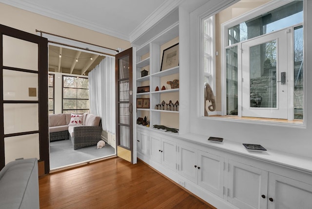 interior space with crown molding and dark wood-type flooring