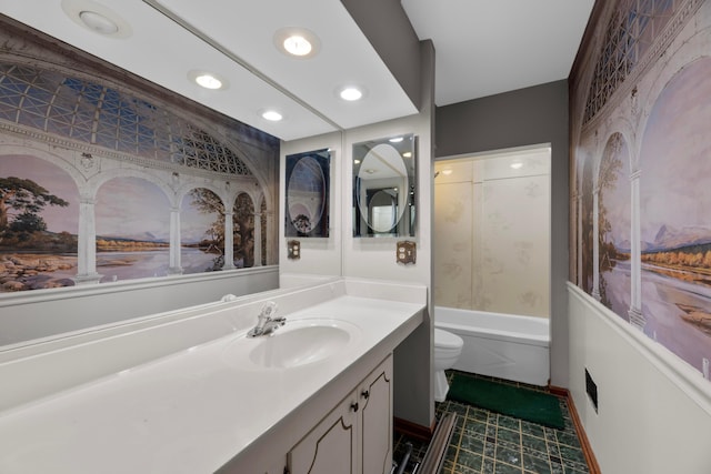 full bathroom with toilet, shower / washtub combination, and vanity