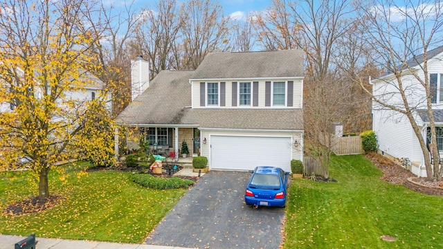 view of front of home with a front yard and a garage