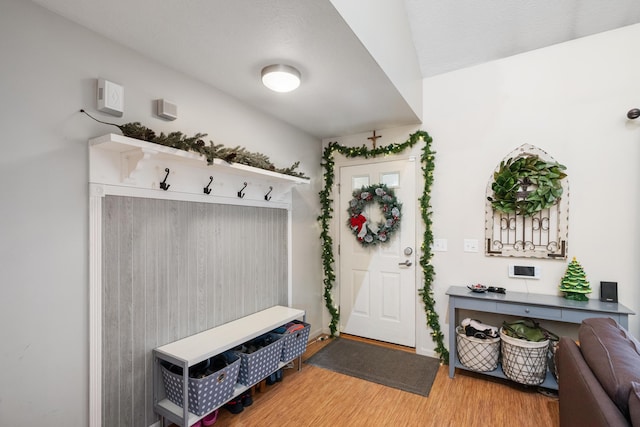 mudroom featuring lofted ceiling and hardwood / wood-style flooring