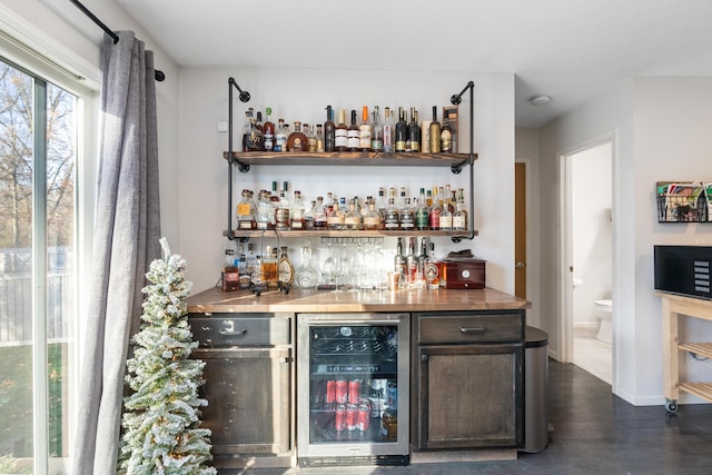 bar featuring dark hardwood / wood-style floors and beverage cooler