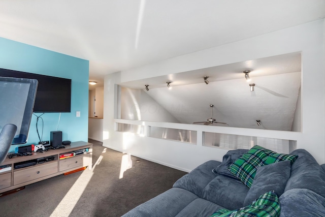 carpeted living room featuring ceiling fan and lofted ceiling