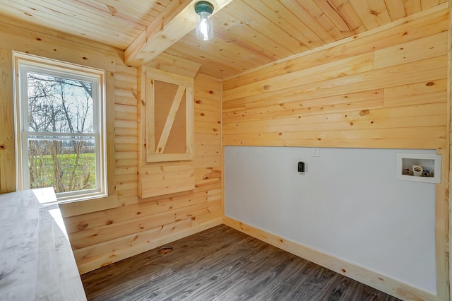 bonus room with a wealth of natural light, dark hardwood / wood-style flooring, log walls, and wood ceiling