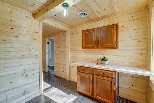 kitchen featuring hardwood / wood-style floors, beam ceiling, wood walls, and wood ceiling