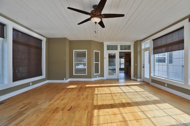 unfurnished sunroom featuring ceiling fan and wood ceiling