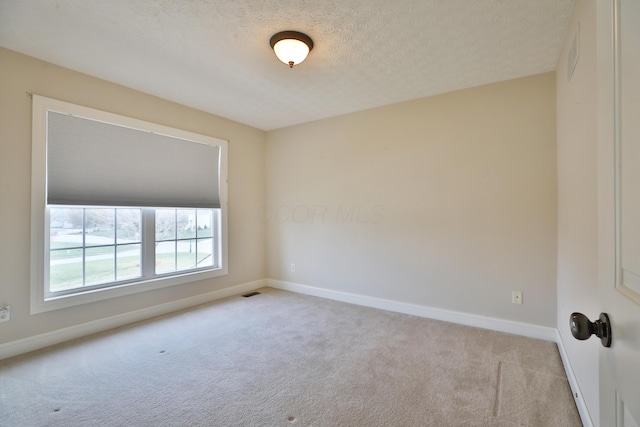 unfurnished room with light colored carpet and a textured ceiling