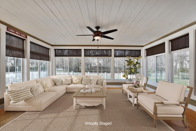 sunroom / solarium featuring ceiling fan and wood ceiling