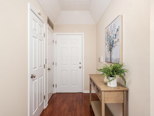 entryway featuring a textured ceiling, dark hardwood / wood-style flooring, and lofted ceiling